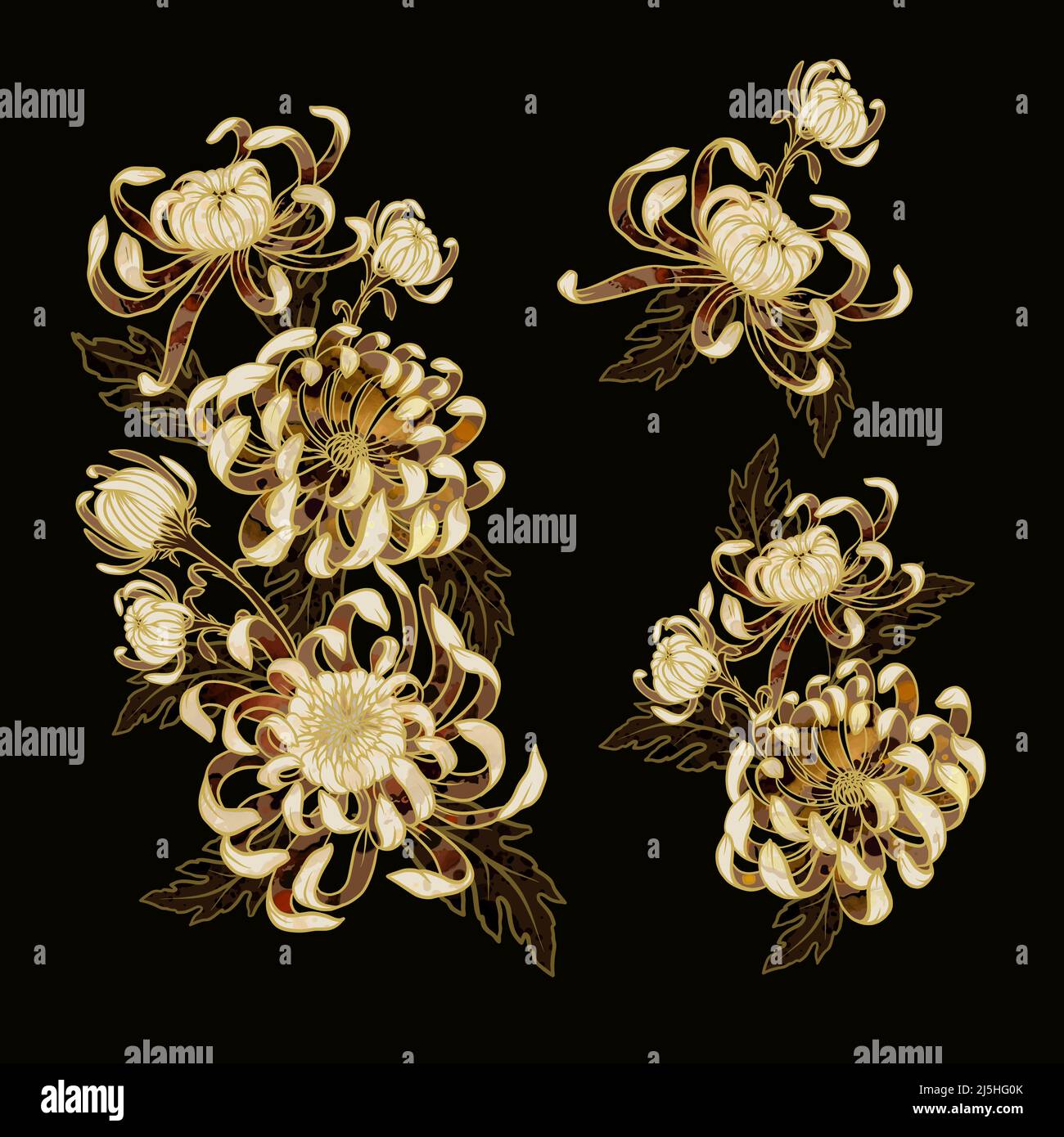 Gold chrysanthemums isolated. Vector trendy print. Stock Vector