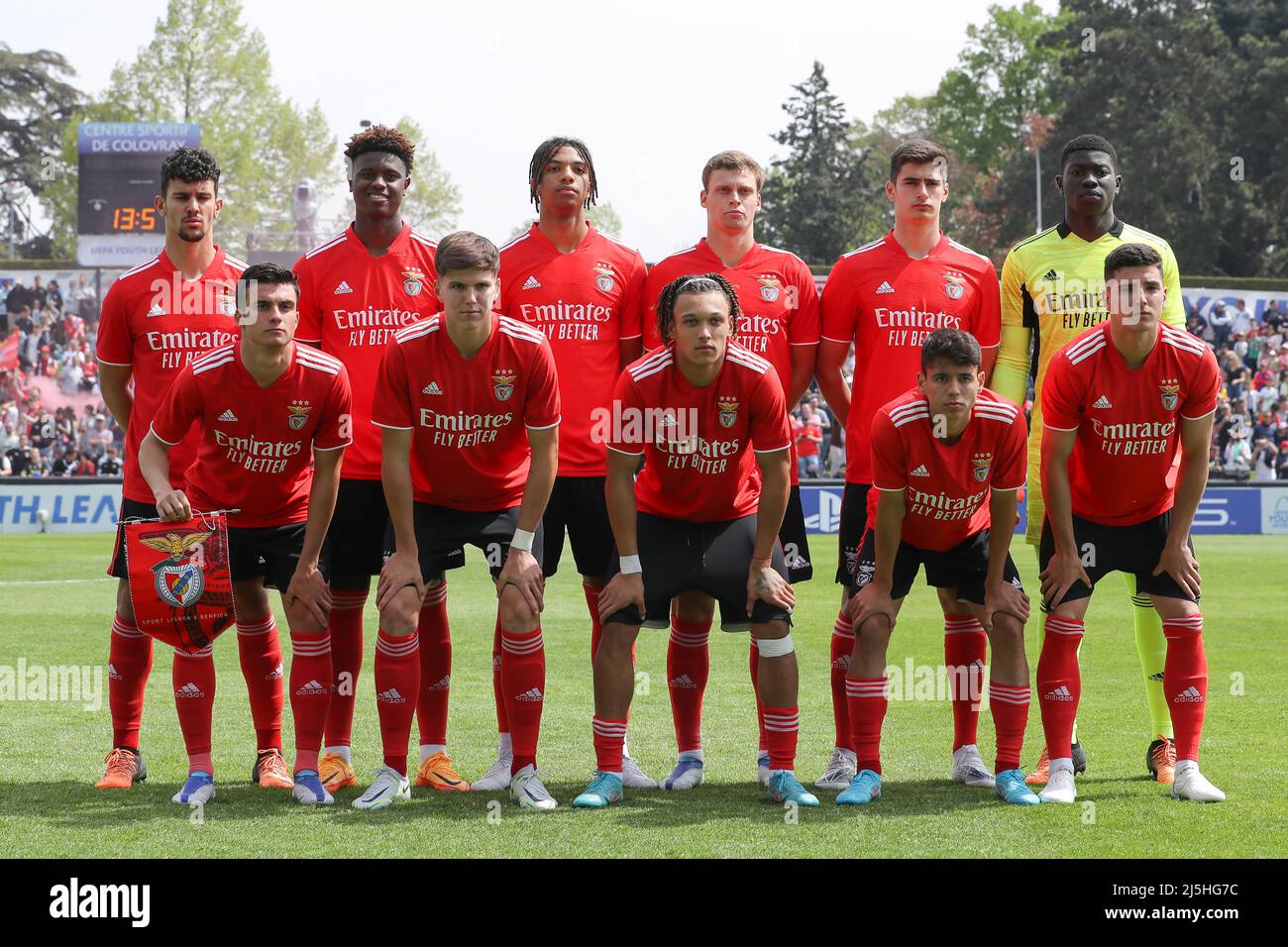 Nyon, Switzerland, 22nd April 2022. The SL Benfica starting eleven line up for team photo prior to kick off, back row ( L to R ); Tomas Araujo, Luis Semedo, N'Dour, Joao Tome, Antonio Silva and Samuel Soares, front row ( L to R ); Rafael Rodrigues, Jevsenak, Diego Moreira, Pedro Santos and Martim Neto, in the UEFA Youth League match at Colovray Sports Centre, Nyon. Picture credit should read: Jonathan Moscrop / Sportimage Stock Photo