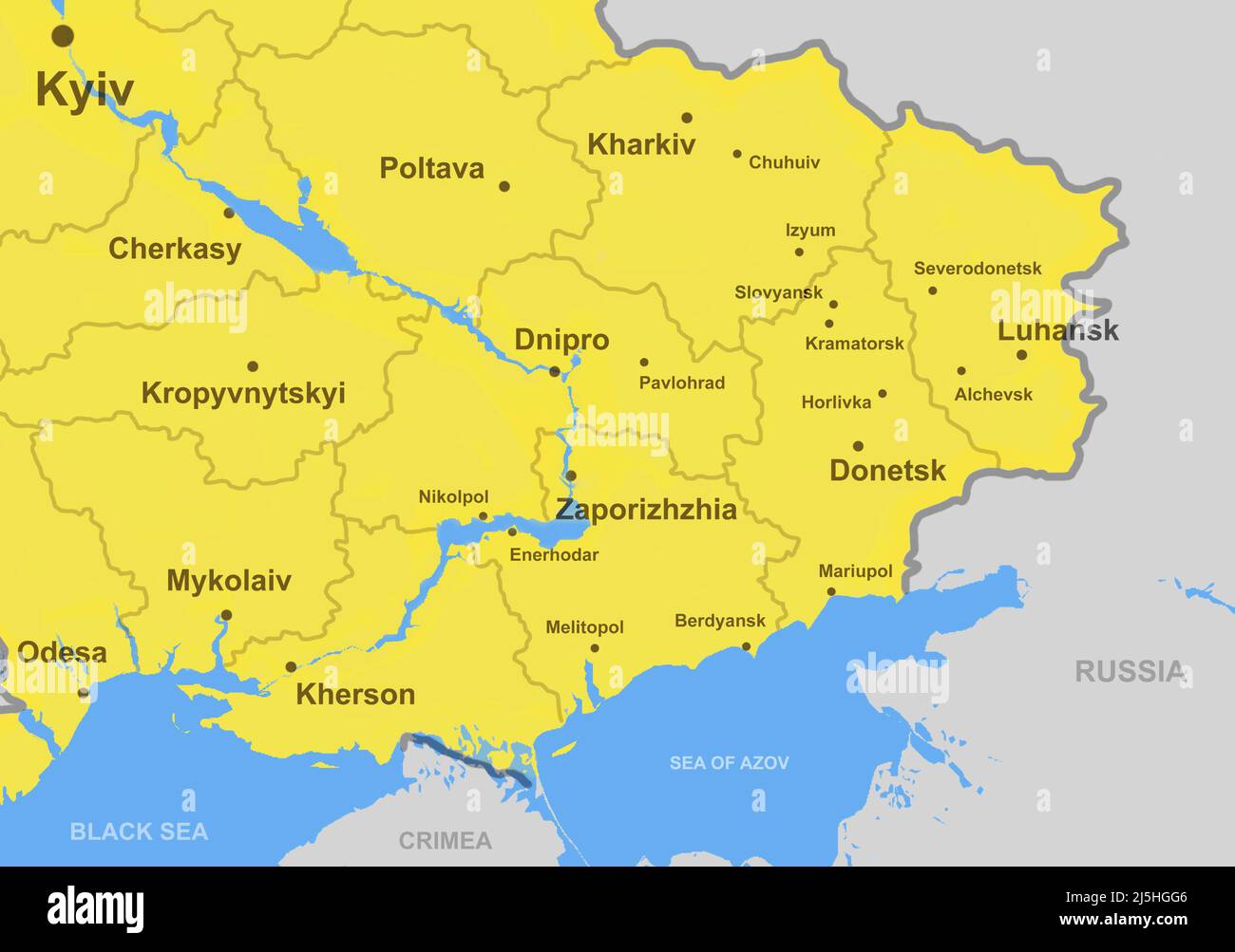 Map of Southeast of Ukraine with Donbas region, cities and borders. Luhansk, Donetsk and Mariupol on outline map with Crimea, Black and Azov seas. Con Stock Photo