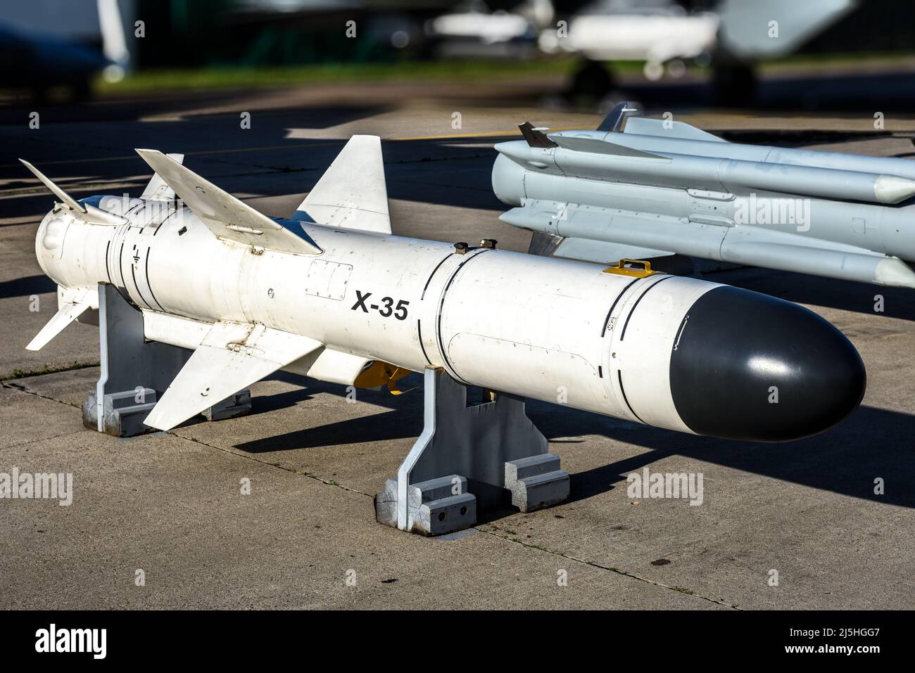 Russian cruise missile Kh-35, subsonic anti-ship rocket close up. Modern missile of army and air force of Russia. Concept of weapons, military technol Stock Photo