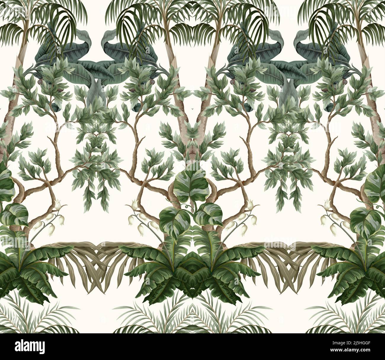 Seamless pattern with vintage trees and palms, plants. Vector. Stock Vector