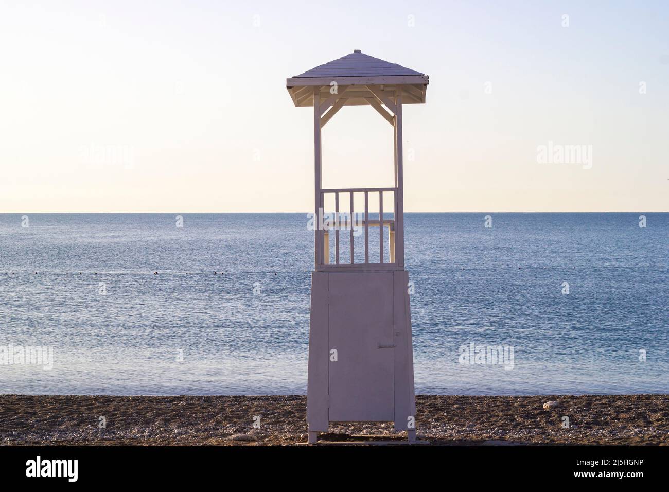 White lifeguard chair at Konyaalti beach, sea or clear sky Antalya, Turkey. without human, early in the morning. Stock Photo