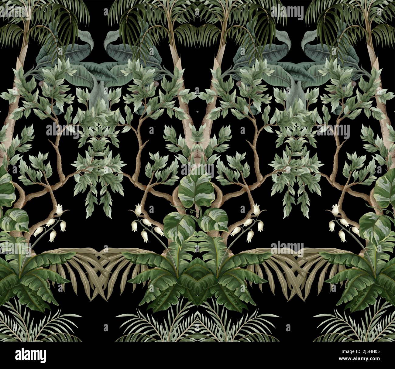 Seamless pattern with vintage trees and palms, plants. Vector. Stock Vector