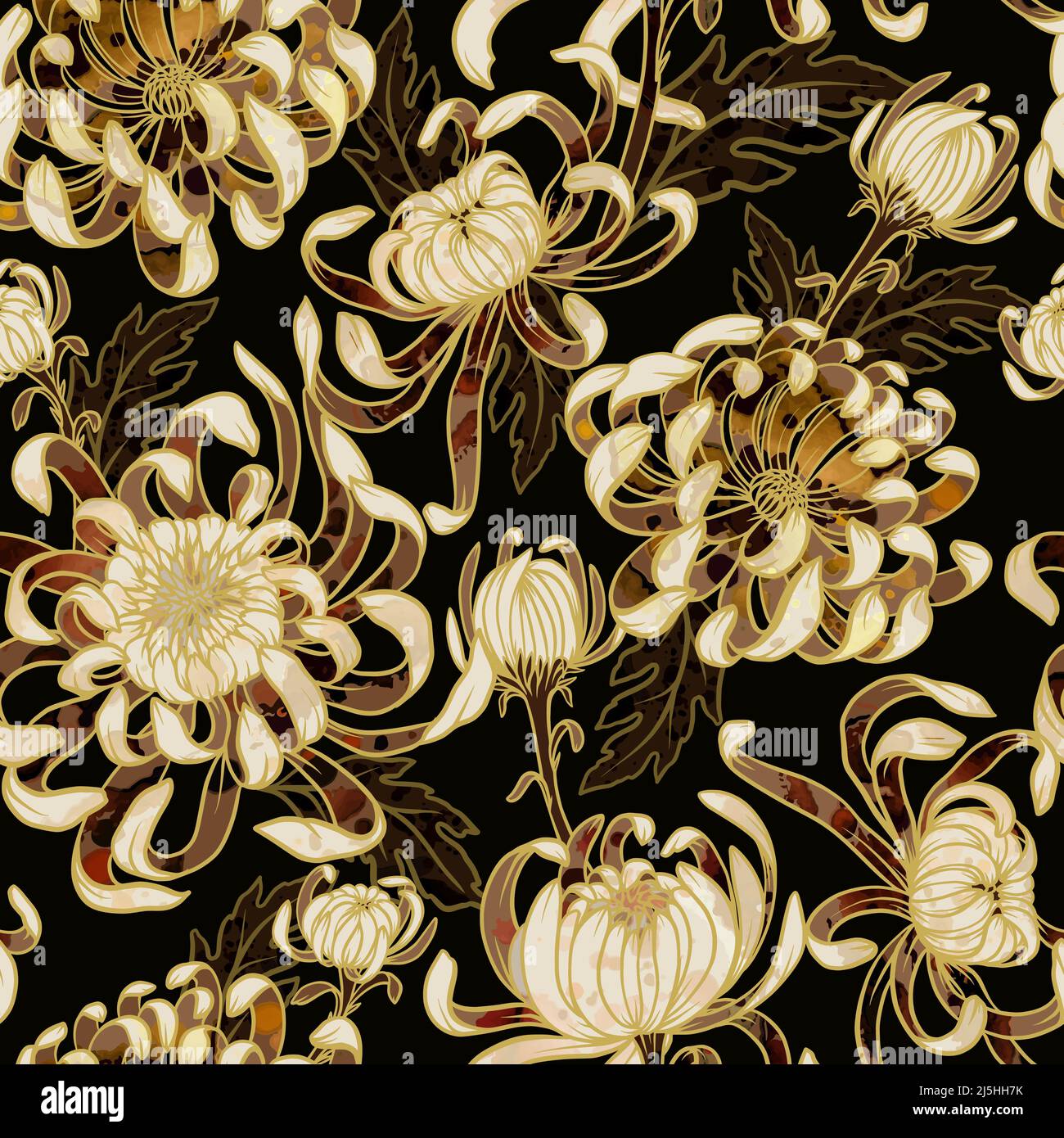 Seamless pattern with gold .chrysanthemums. Vector trendy print. Stock Vector