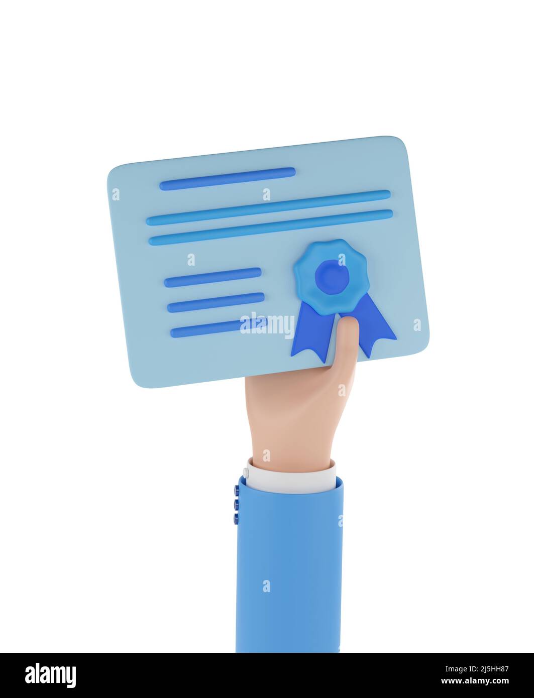 Cartoon hand holding a diploma isolated on white background. 3d Illustration. Stock Photo