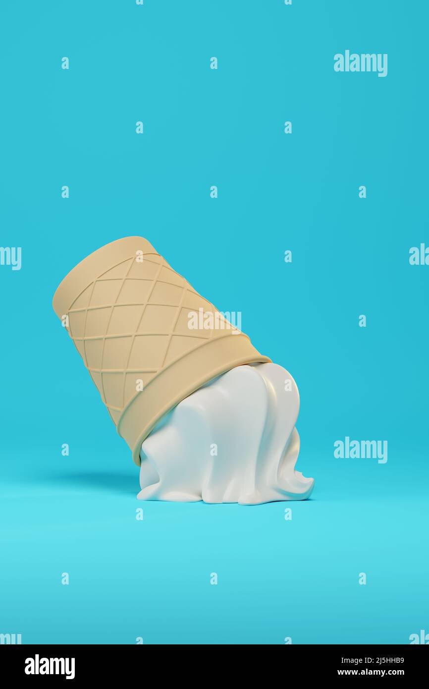 Vanilla ice cream cone fallen to the ground. 3d illustration. Stock Photo