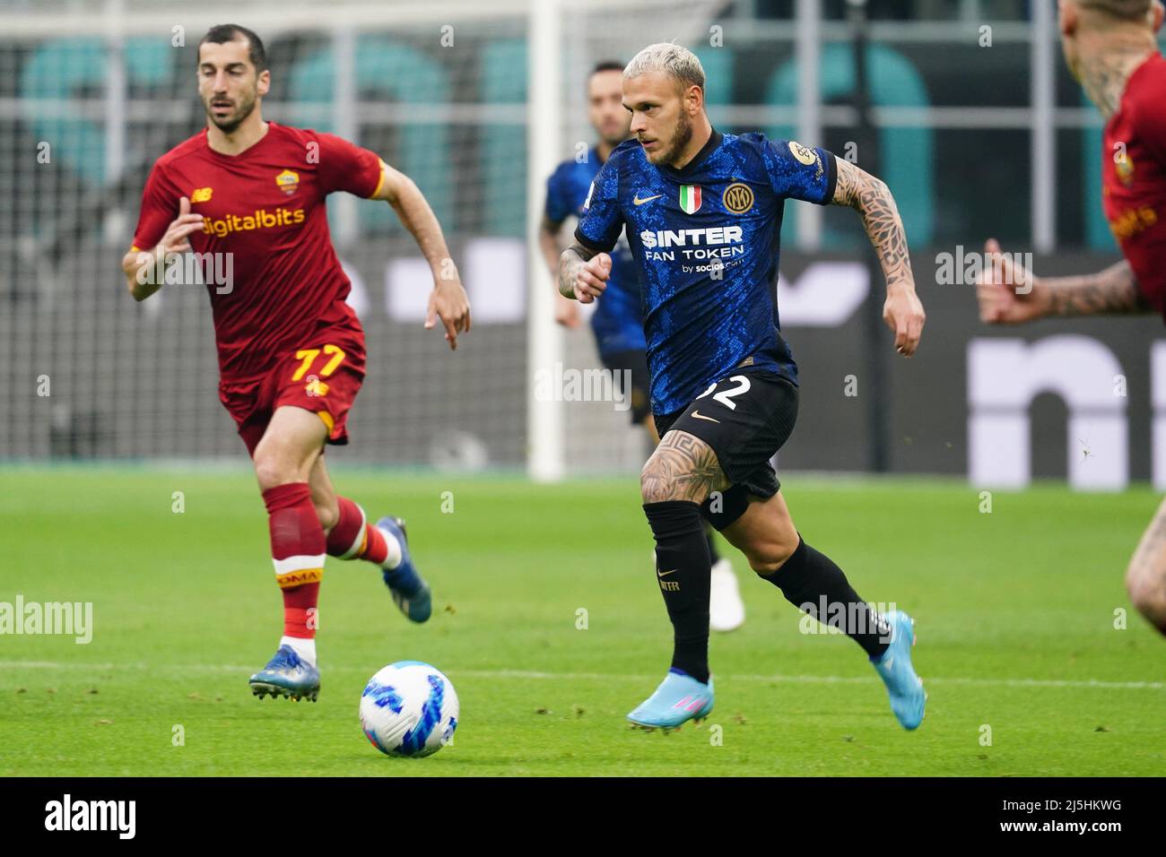 Federico Dimarco Fc Inter During The Italian Soccer Serie A Match Inter Fc Internazionale Vs As Roma On April 23 22 At The San Siro Stadium In Milan Italy Photo By