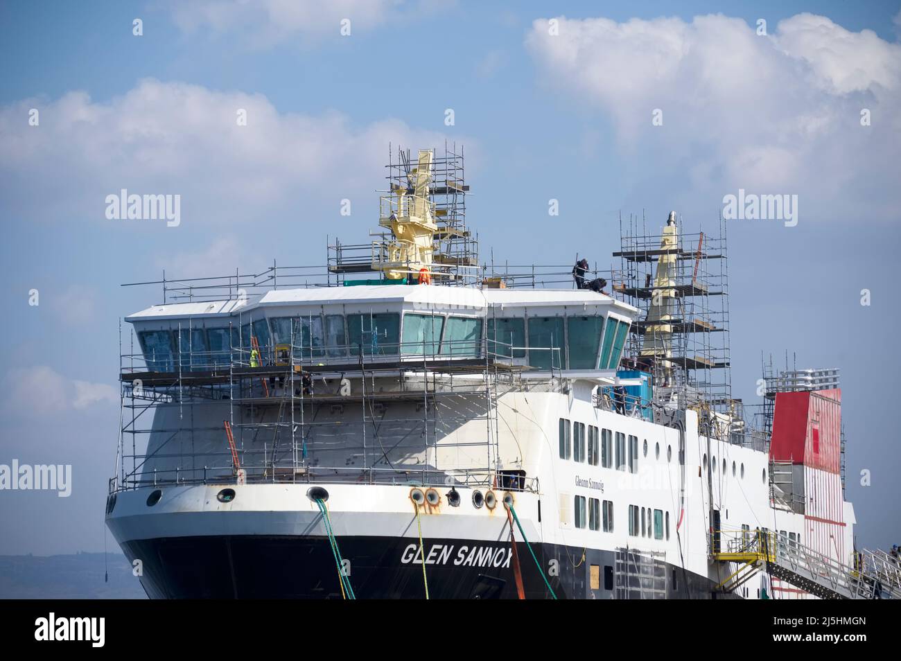 Port Glasgow, Scotland, UK, March 28th 2022, Ferguson Marine shipyard and the progress of new Calmac ferry named Glen Sannox Stock Photo
