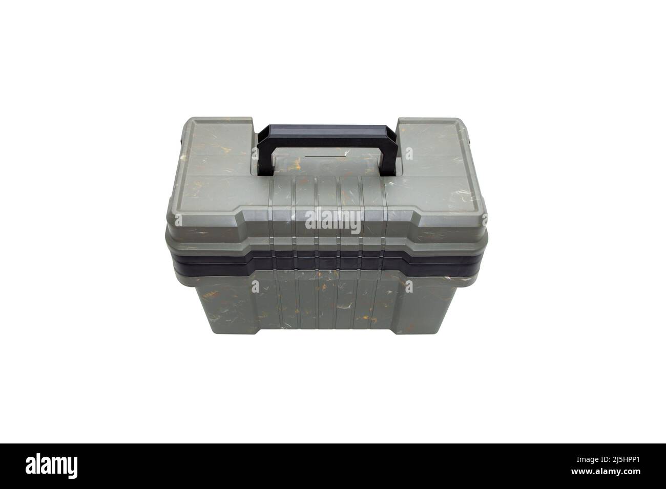 Portable plastic container with opening lid and additional compartments. Fishing or hunting box. Isolate on a white background. Stock Photo