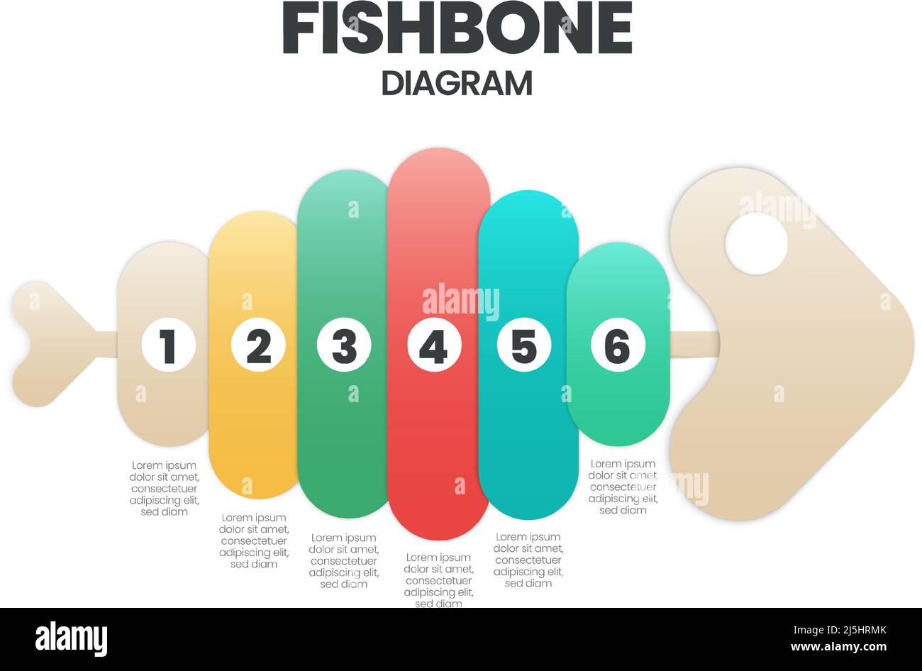 The vector featured a fish skeleton or fishbone for a presentation and illustration. The fish has 6 parts of editable text to analyze the cause of eff Stock Vector