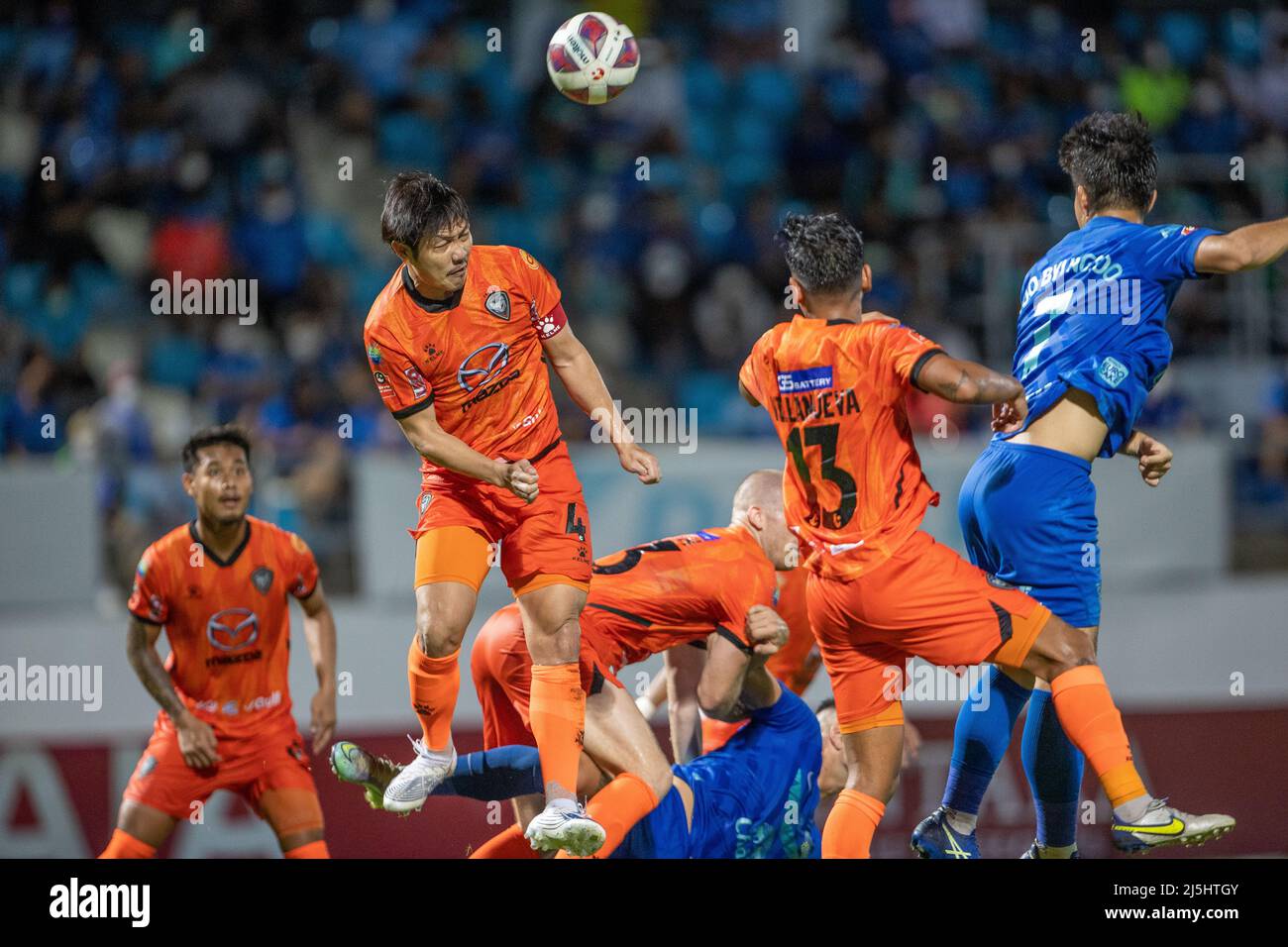 Chonburi Thailand April 23 Chalermpong Kerdkaew Of Nakhon Ratchasima F C With A Defensive Header During The Thai Premier League Match Between Chonburi F C And Nakhon Ratchasima F C At Chonburi Municipality Stadium