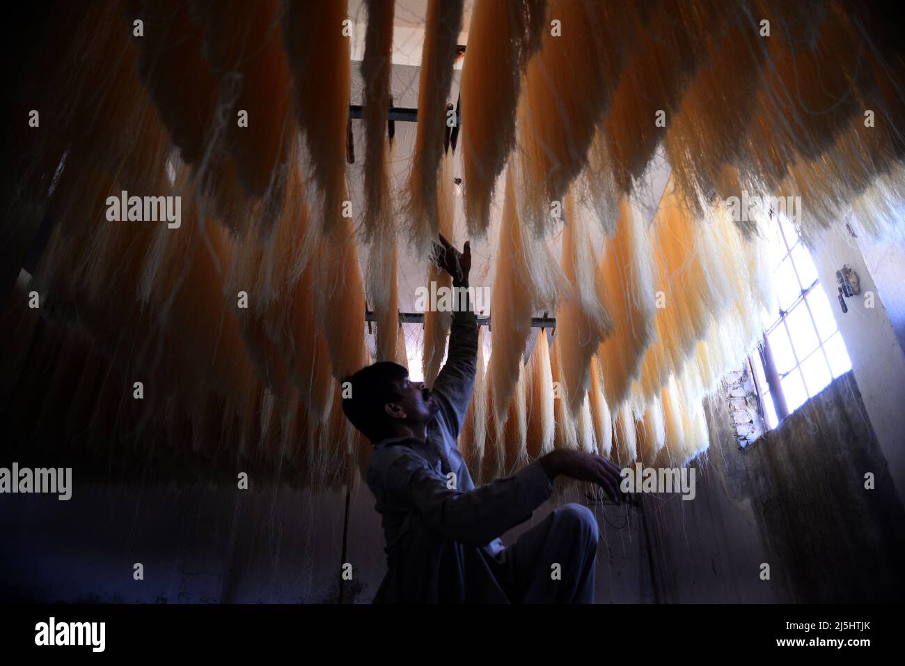 Rawalpindi, Pakistan. 23rd Apr, 2022. Worker arranges rice vermicelli