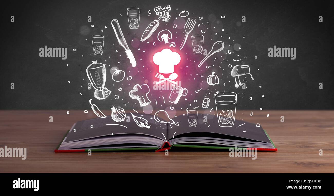 Open recipe book with food related icons above Stock Photo - Alamy