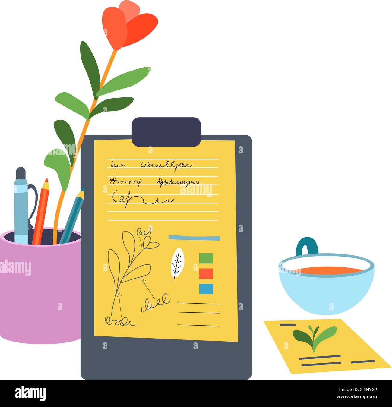 Planner or organizer, pencil and flower in vase Stock Vector Image