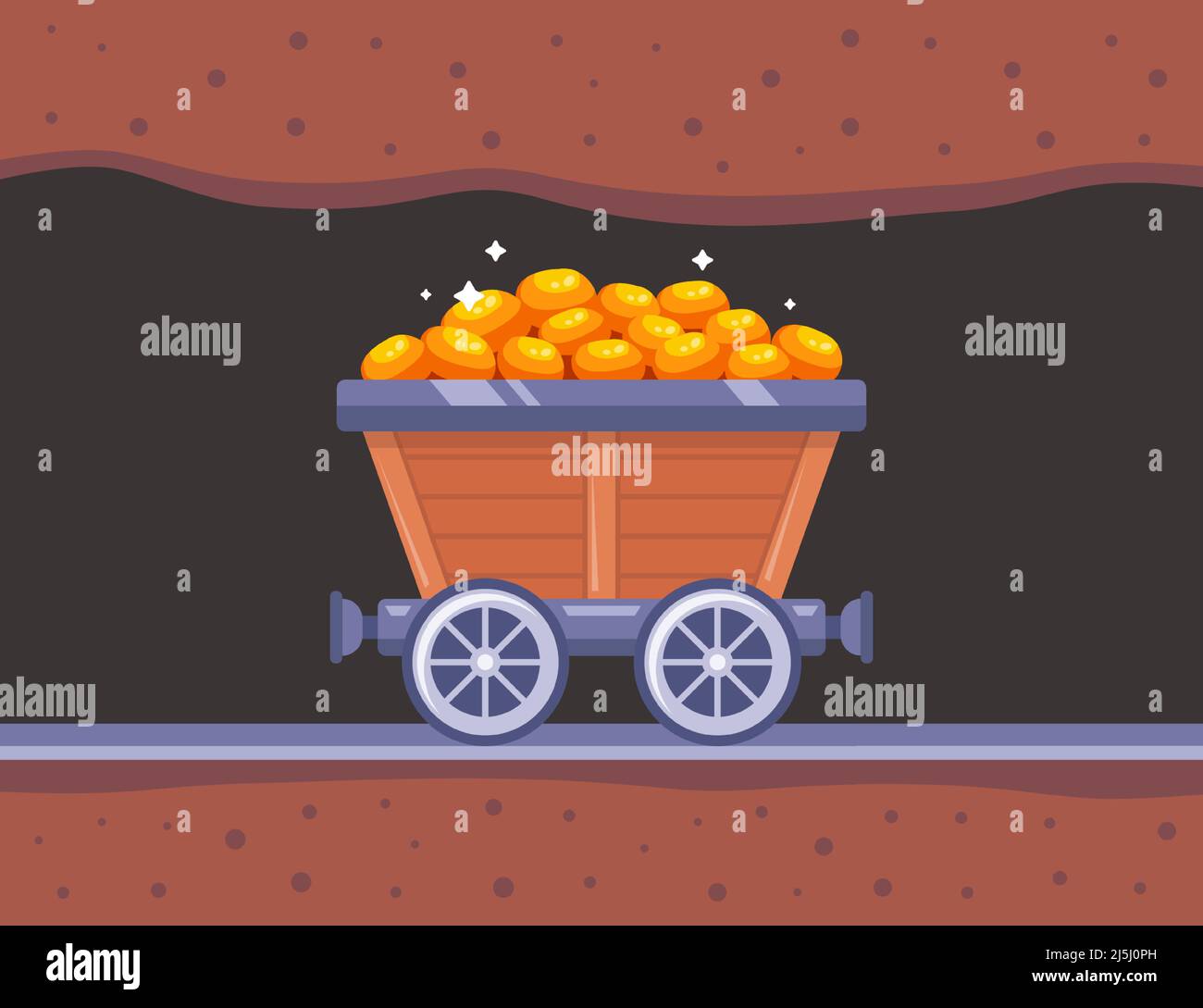 the wooden trolley is full of gold. extract resources in the mine. flat ...