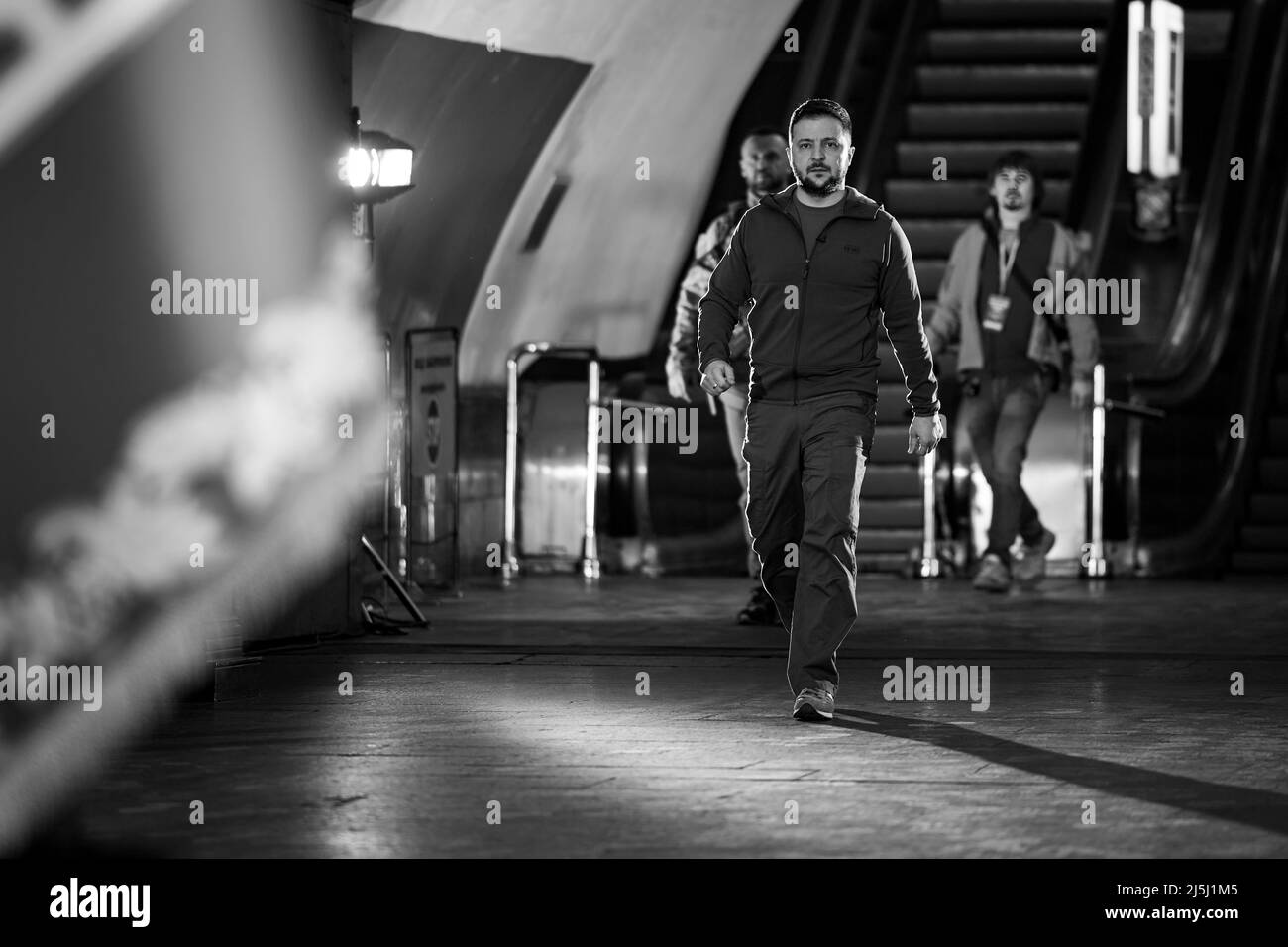 Ukraine President Volodymyr Zelensky holds a two hour long press conference for the international media in a Kyiv, Ukraine subway station. Stock Photo