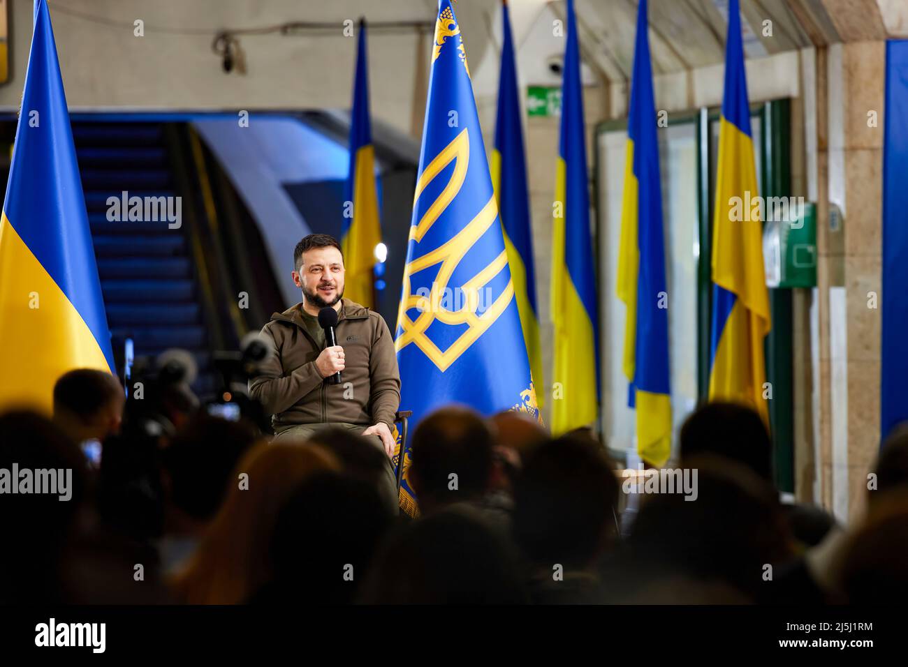 Ukraine President Volodymyr Zelensky holds a two hour long press conference for the international media in a Kyiv, Ukraine subway station. Stock Photo