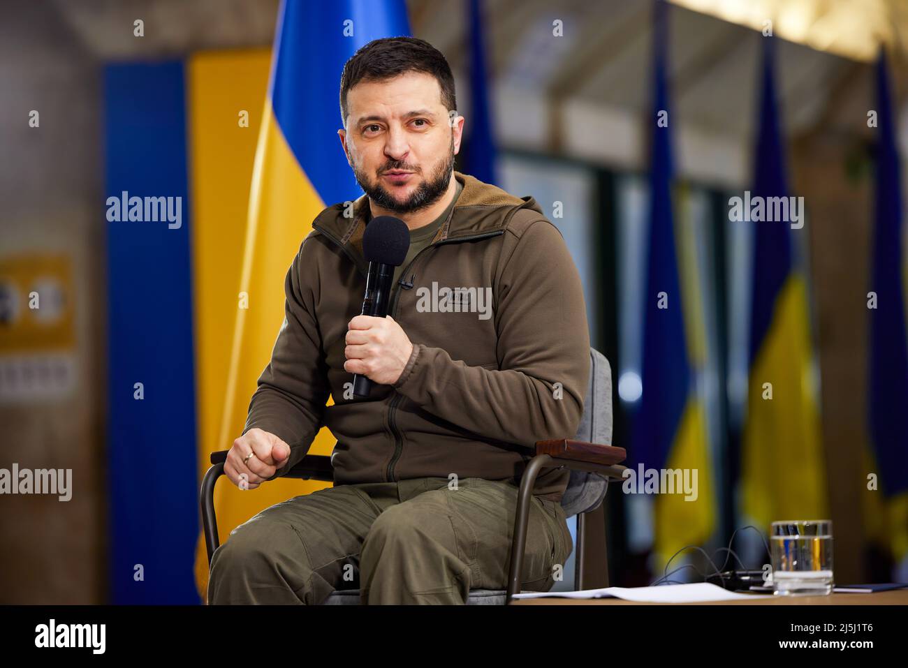 Ukraine President Volodymyr Zelensky holds a two hour long press conference for the international media in a Kyiv, Ukraine subway station. Stock Photo