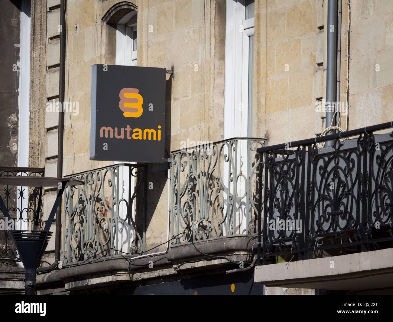 Picture of a sign with the logo of mutuelle Mutami on their main office for Bordeaux, France. Mutai is a mutual insurance company specializing in pers Stock Photo