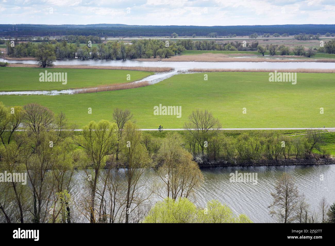 19 April 2022, Brandenburg, Schwedt/Ot Schöneberg: View from the lookout point Richterberg at the edge of the village Stützkow in the National Park Lower Oder Valley towards the Oder River. The national park has an area of about 10,300 hectares and was founded in 1995. Countless rare animal and plant species can be found here. The national park is also well developed for tourists on hiking and biking trails. Photo: Soeren Stache/dpa/ZB Stock Photo