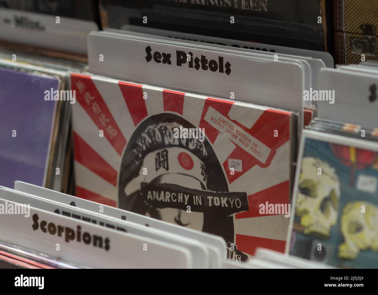 Some of the albums for sale during Record Store Day, when Positively Records opened from midnight to 2 AM for the day Saturday, April 23, 2022 in Levittown, Pennsylvania. “According to wikipedia, Record Store Day is an annual event inaugurated in 2007 and held on one Saturday every April and every Black Friday in November to 'celebrate the culture of the independently owned record store'. The day brings together fans, artists, and thousands of independent record stores around the world. A number of records are pressed specifically for Record Store Day, with a list of releases for each country Stock Photo