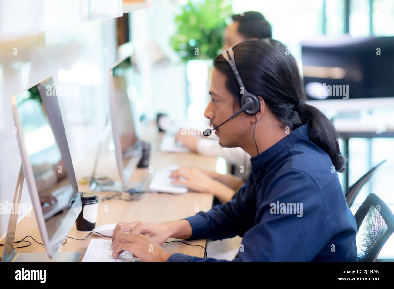 Customer service with friendly, man and woman call center and operator