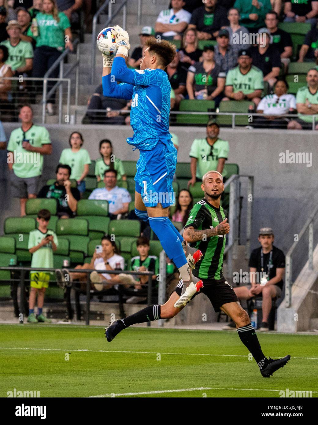 Texas, USA. 23rd Apr, 2022. Thomas Hasal #1 of the Vancouver Whitecaps in action vs the Austin FC at Q2 Stadium in Austin Texas. Austin FC defeats Vancouver 3-0. Credit: csm/Alamy Live News Stock Photo