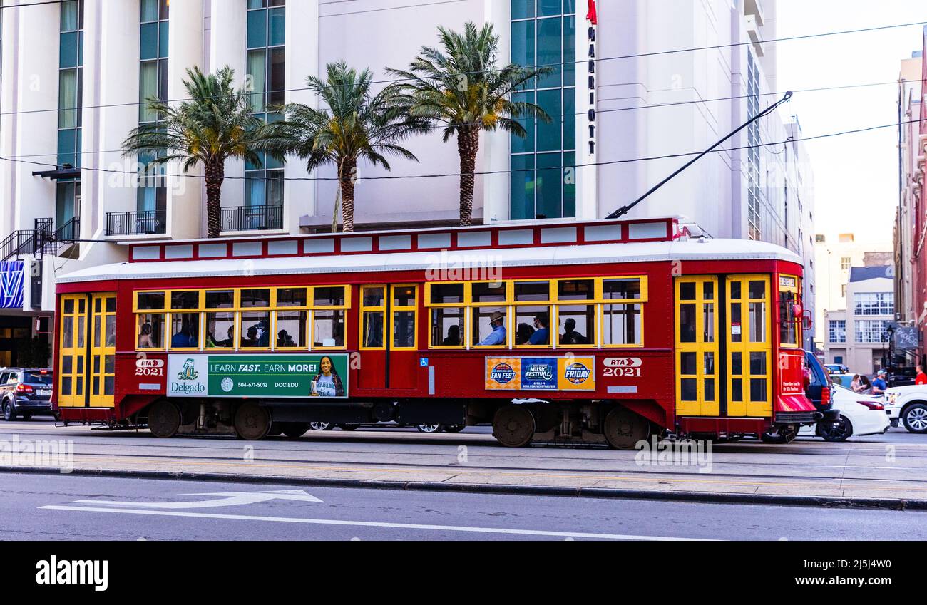 New Orleans, LA - April 3, 2022: New Orleans Streetcar on Canal Street Stock Photo