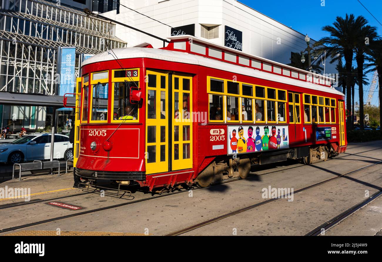 New Orleans, LA - April 3, 2022: New Orleans Streetcar on Canal Street Stock Photo