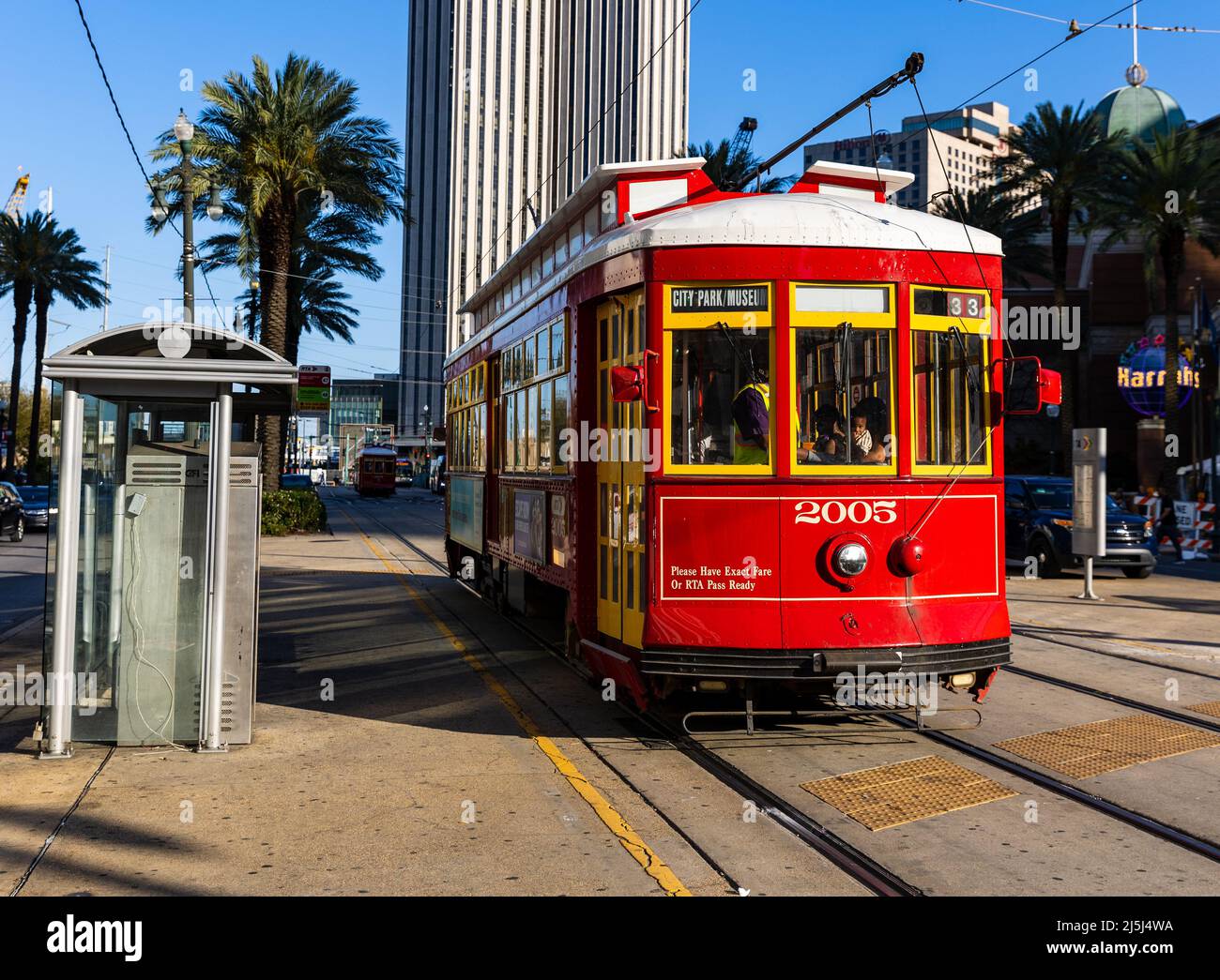 New Orleans, LA - April 3, 2022: Red New Orleans Streetcar on Canal Street Stock Photo