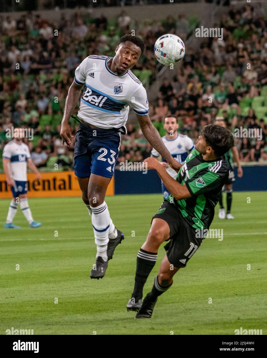 Texas, USA. 23rd Apr, 2022. Javain Brown #23 of the Vancouver Whitecaps ...