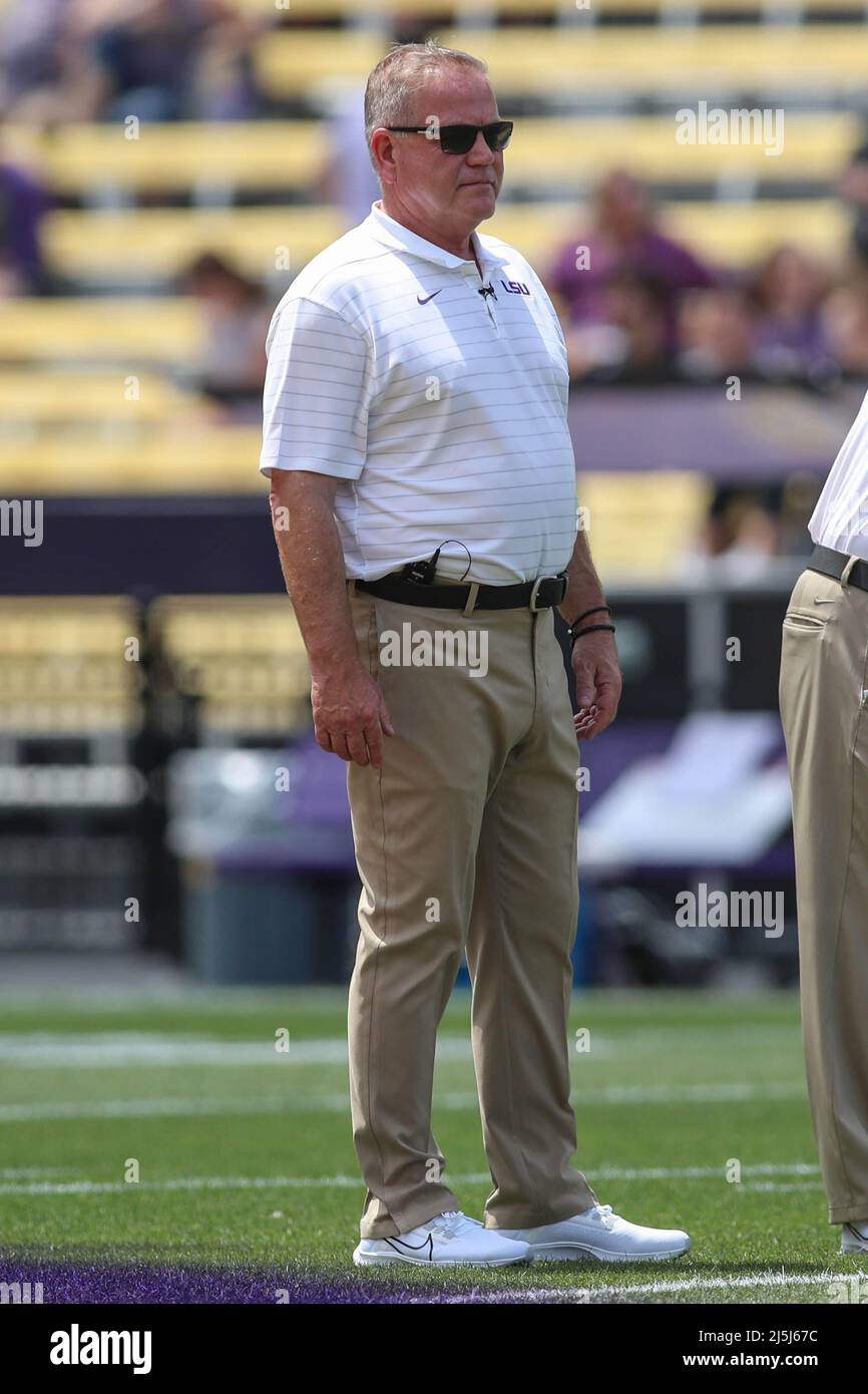 April 23, 2022: LSU Head Coach Brian Kelly looks on as his team competes  during the National L Club LSU Football Spring Game at Tiger Stadium in  Baton Rouge, LA. Jonathan Mailhes/CSM/Sipa