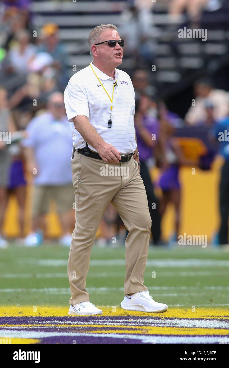 April 23, 2022: LSU Head Coach Brian Kelly looks on as his team competes  during the National L Club LSU Football Spring Game at Tiger Stadium in Baton  Rouge, LA. Jonathan Mailhes/CSM/Sipa