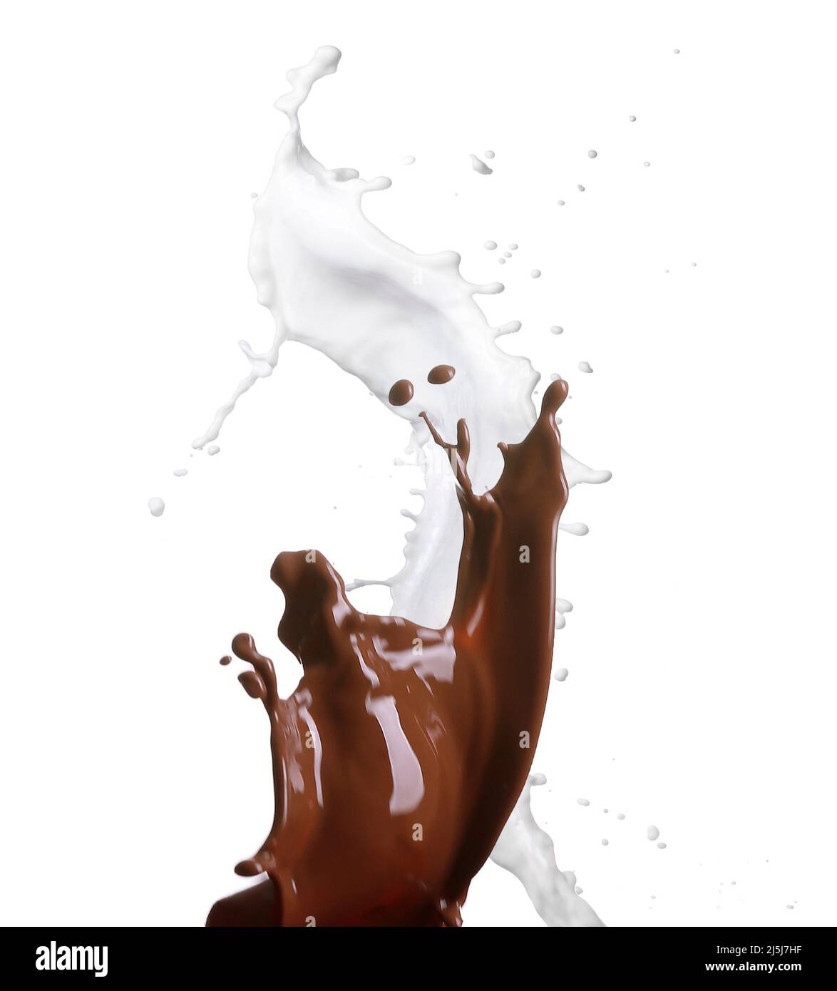 Splashes of hot chocolate and milk isolated on white Stock Photo