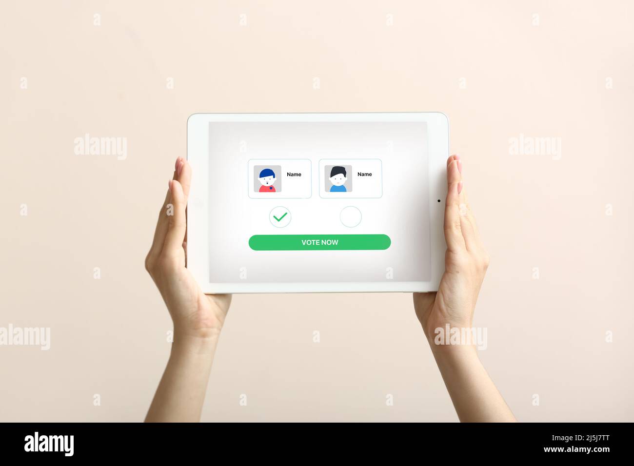 Female hands holding tablet computer with text VOTE NOW and icons of ...