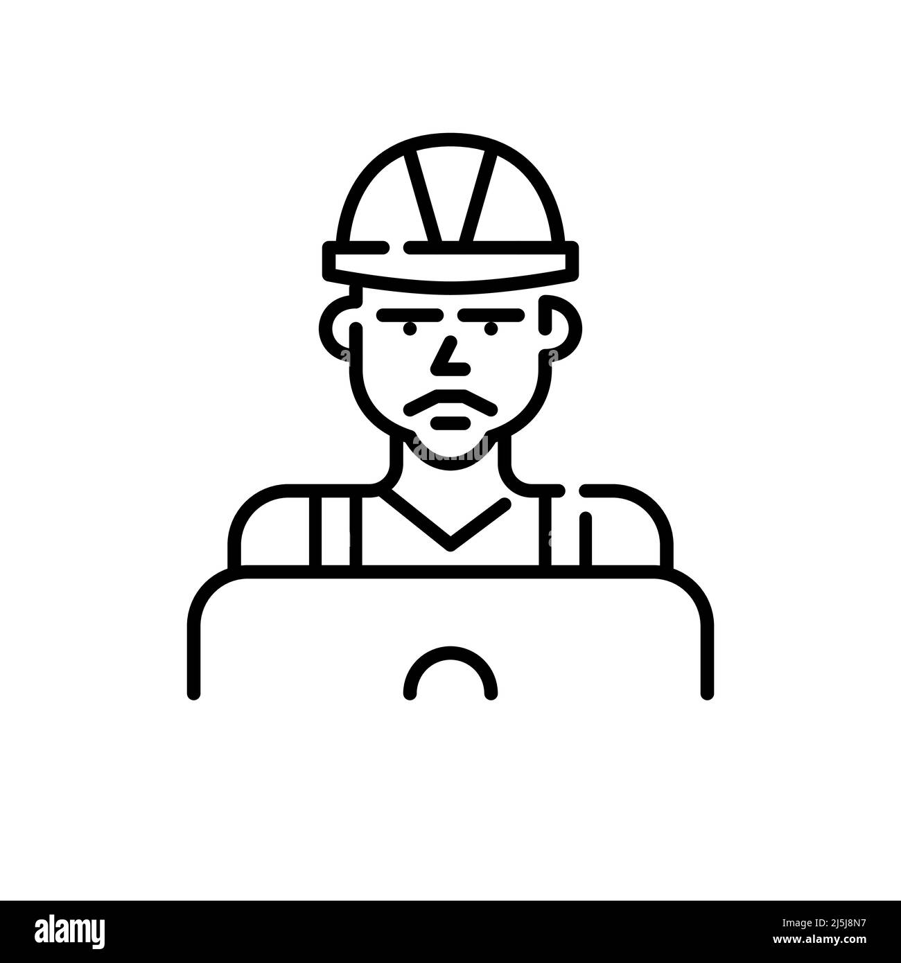 Construction worker using laptop. Pixel perfect, editable stroke icon Stock Vector
