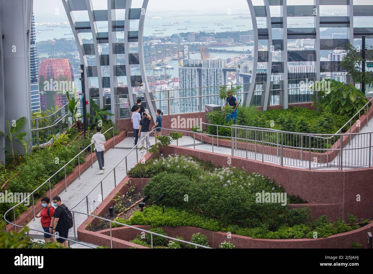 At the last floor of CapitaSpring, visitors check out the lush sky garden and the surrounding beautiful panorama view of Singapore. 2022 Stock Photo