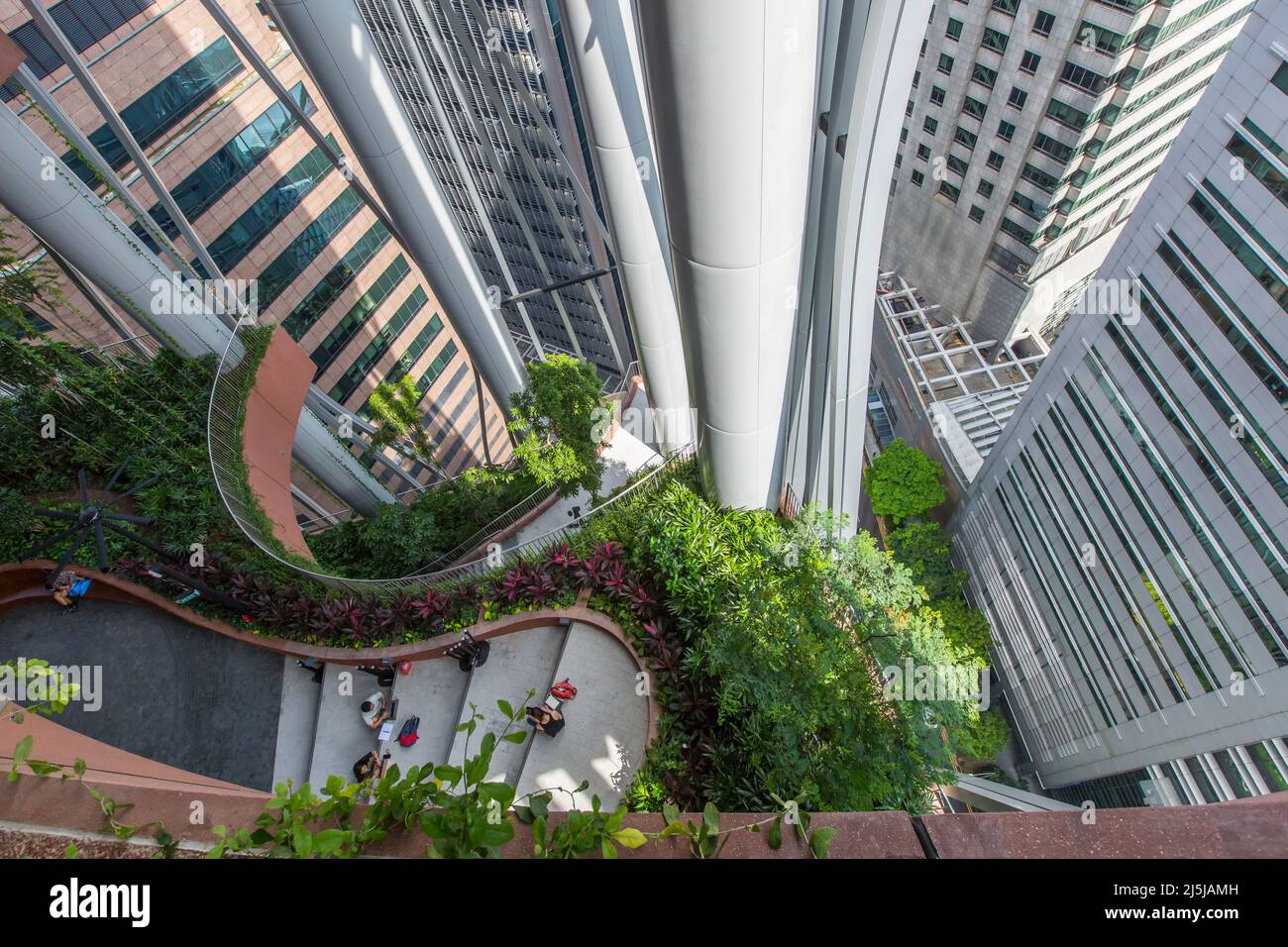 Top down view of the Oasis Garden within CapitaSpring building, the view offer a close-up view of the nearby structures. Singapore. 2022. Stock Photo