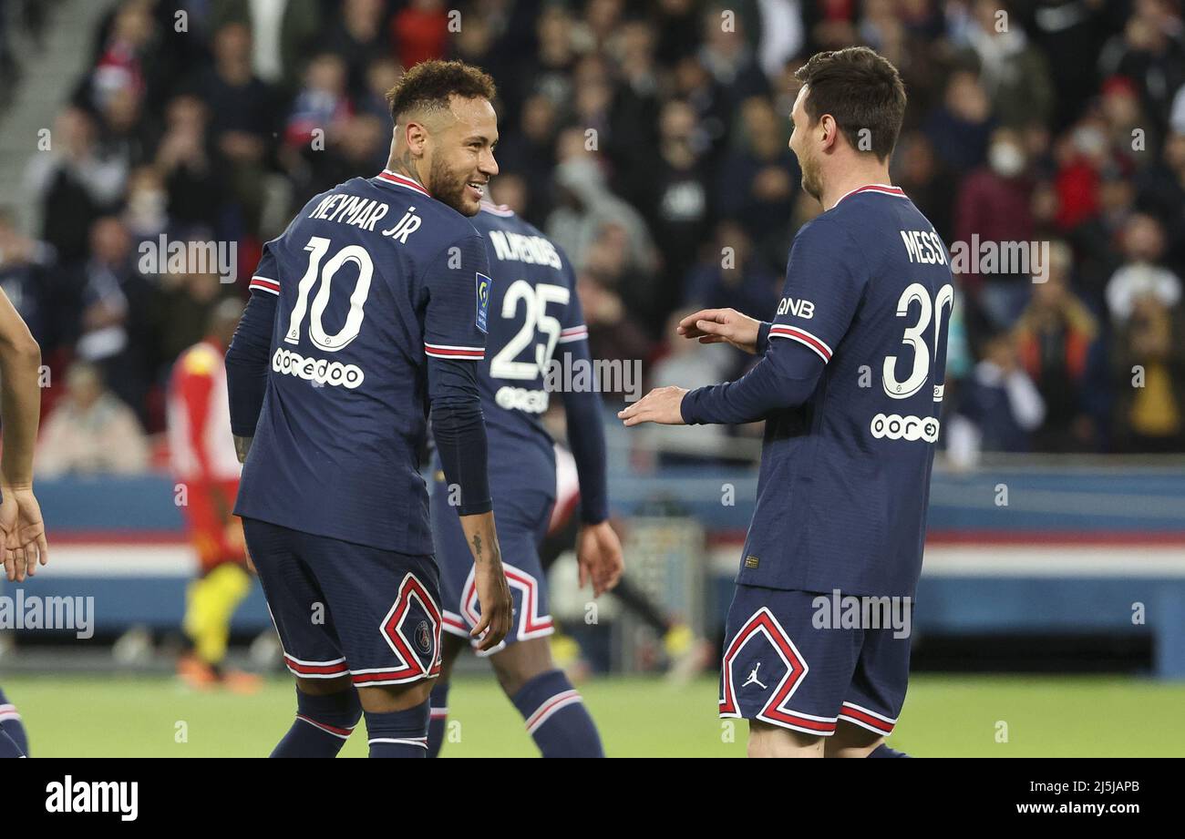 April 23, 2022, Paris, France: Lionel Messi of PSG celebrates his goal with  Neymar Jr (left) during the French championship Ligue 1 football match  between Paris Saint-Germain (PSG) and RC Lens (RCL)