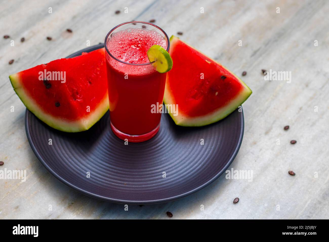 selective focus of watermelon juice, is ready to serve. Stock Photo