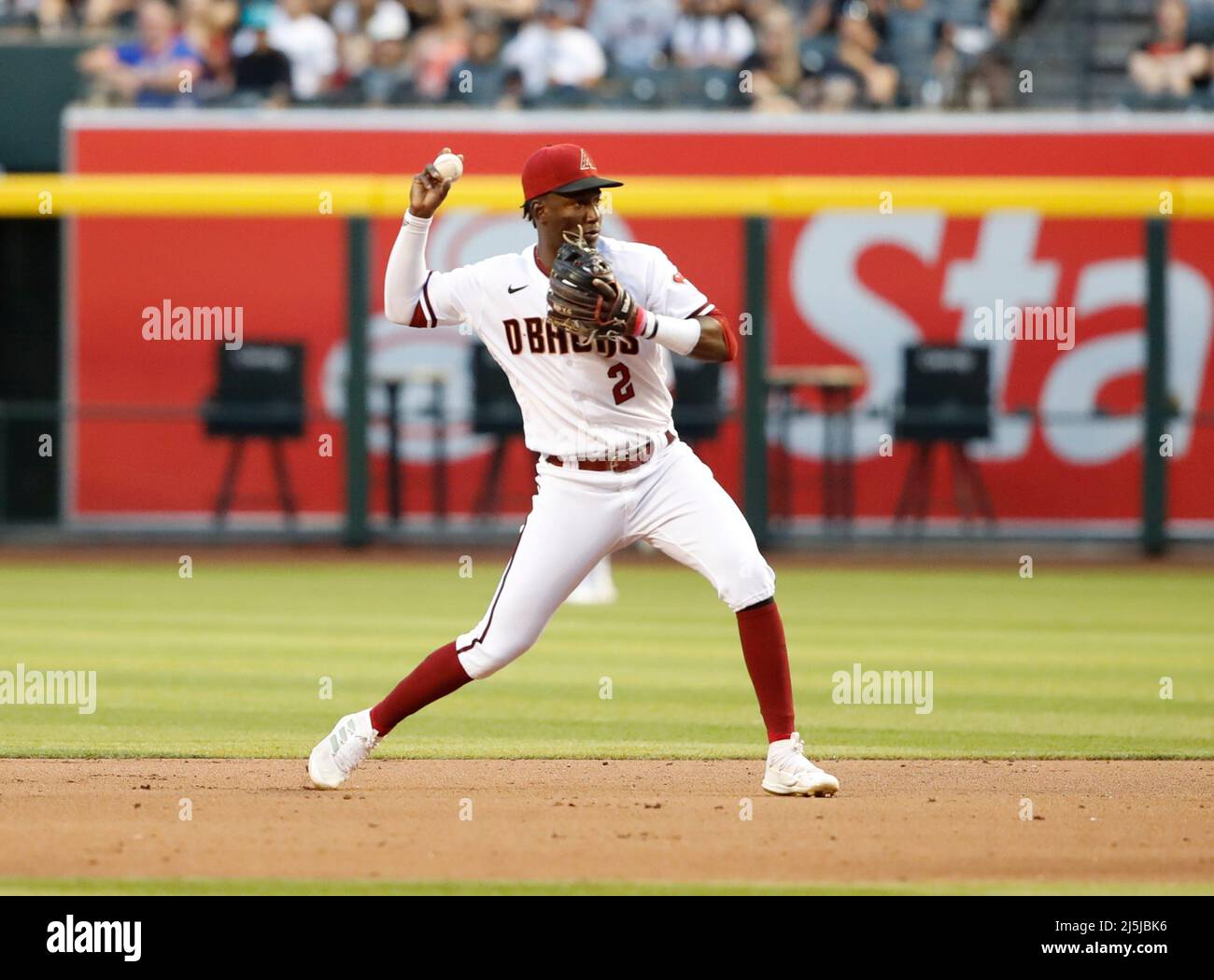 Phoenix, Arizona, USA. 23rd Apr, 2022. Geraldo Perdomo (2) of the Arizona Diamondbacks fields a ground ball between the New York Mets and the Arizona Diamondbacks at Case Field in Phoenix, Arizona. Michael Cazares/Cal Sport Media. Credit: csm/Alamy Live News Stock Photo