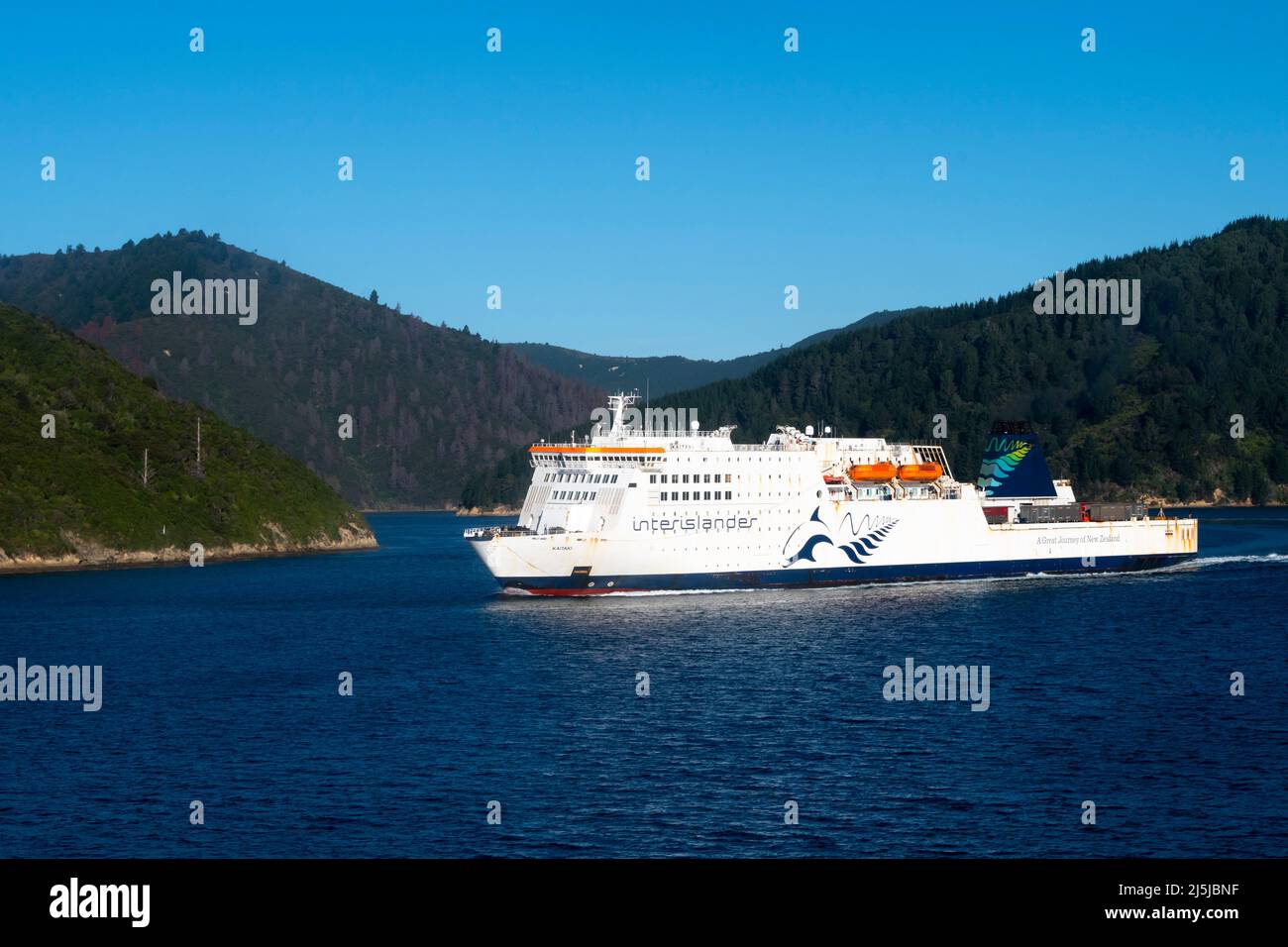 Interislander Cook Strait ferry, Marlborough Sounds, South Island, New Zealand Stock Photo