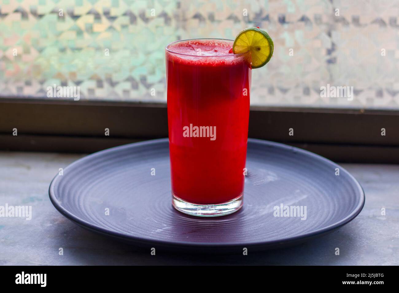 selective focus of watermelon juice, is ready to serve. Stock Photo