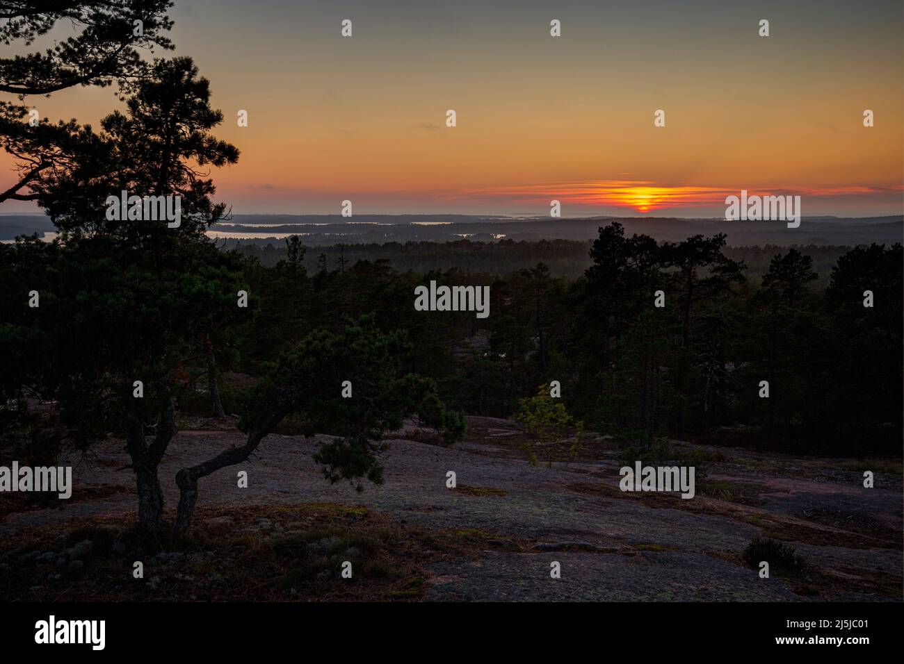 Rocky, rugged and forested landscape at Geta in Åland Islands, Finland, at sunset in the summer. Stock Photo