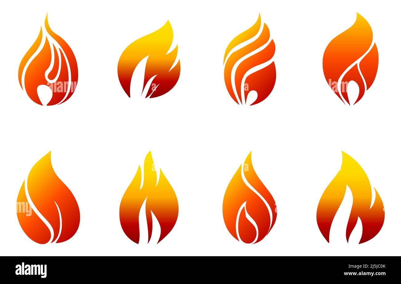 Fire icons in red orange yellow gradient color on white background set