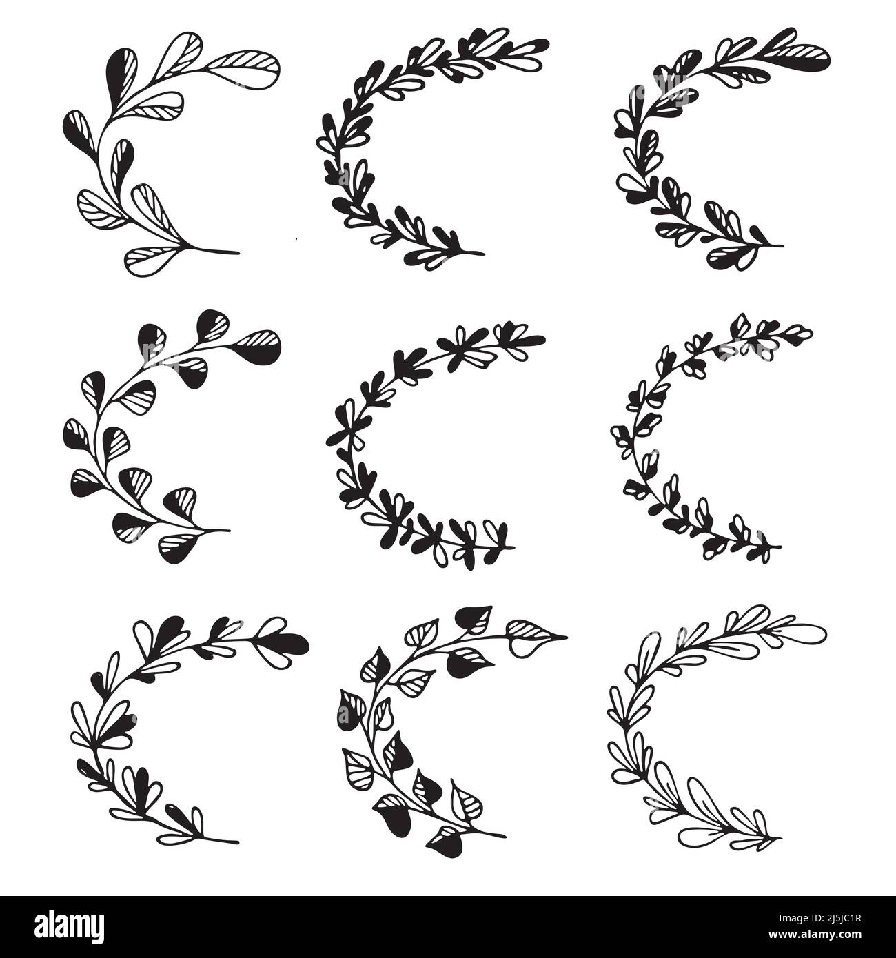 Set of hand drawn doodle tree branches with leaves on white background ...
