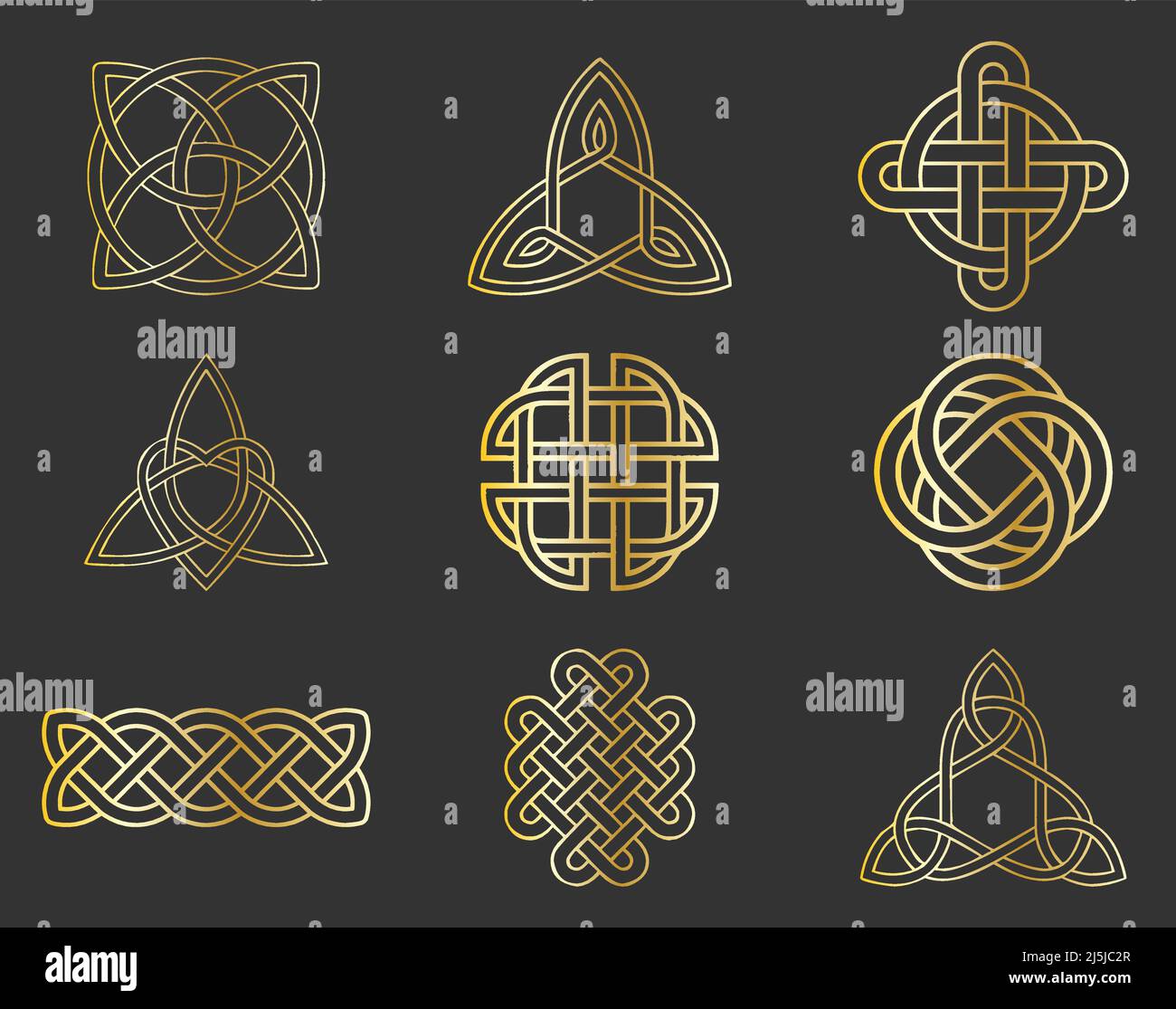 Celtic knot vector icon set in gold color on grey background Stock Vector