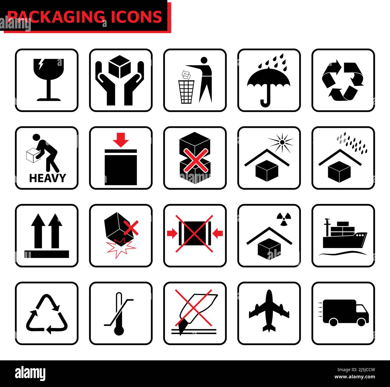 Packaging sign symbols vector icon set in black and red color Stock Vector