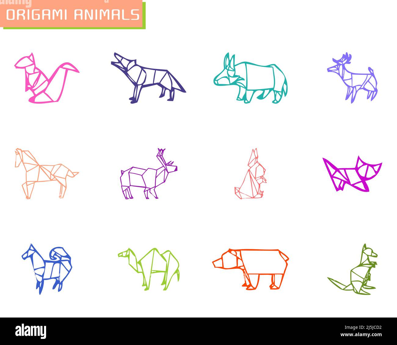 Origami Animals Colorful Flat Vector Icon set Stock Vector
