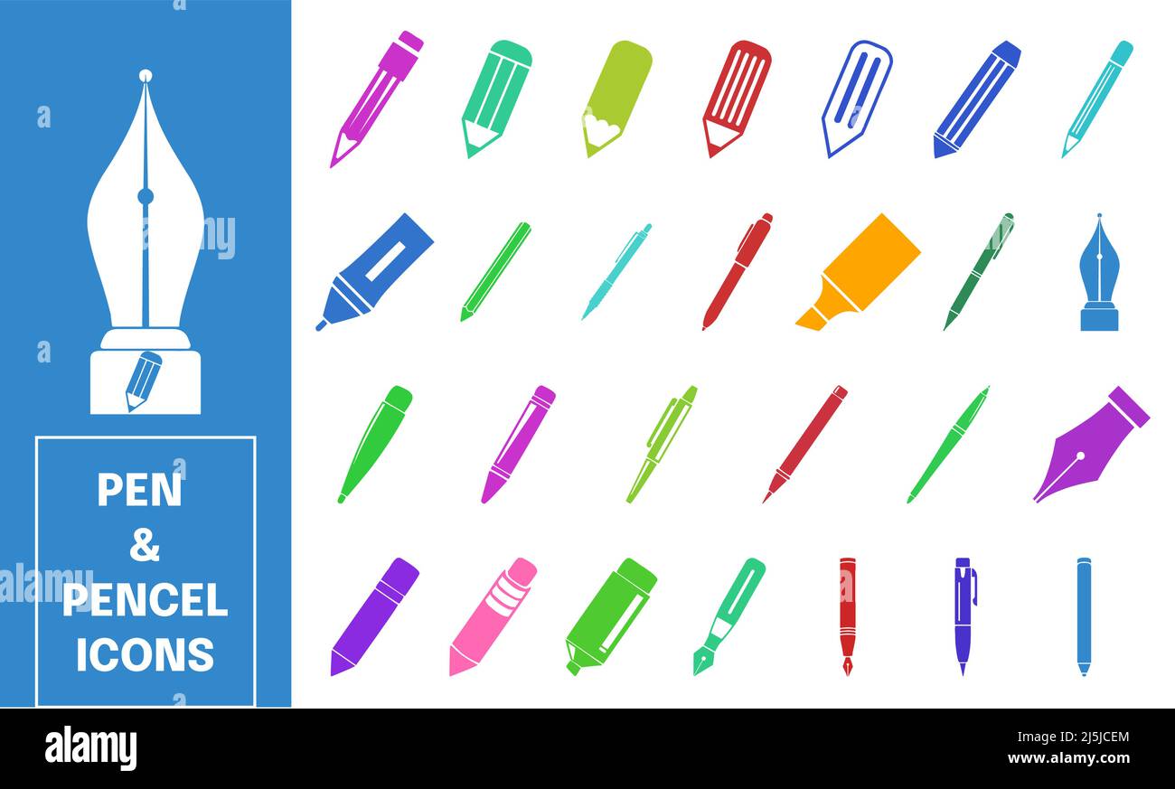 Colorful pen and pencil flat vector icon set Stock Vector Image & Art ...